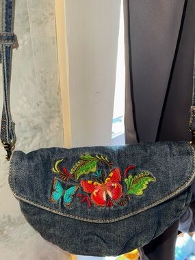 Embroidered Denim Crossbody Bag in Blue with Colorful Butterfly Accent